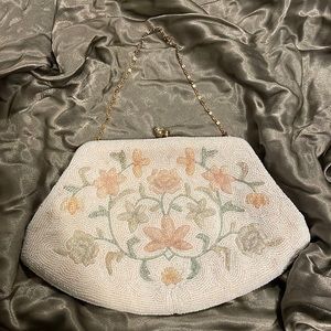 Vintage dreamy white/ivory beaded purse with pink florals, gold chain